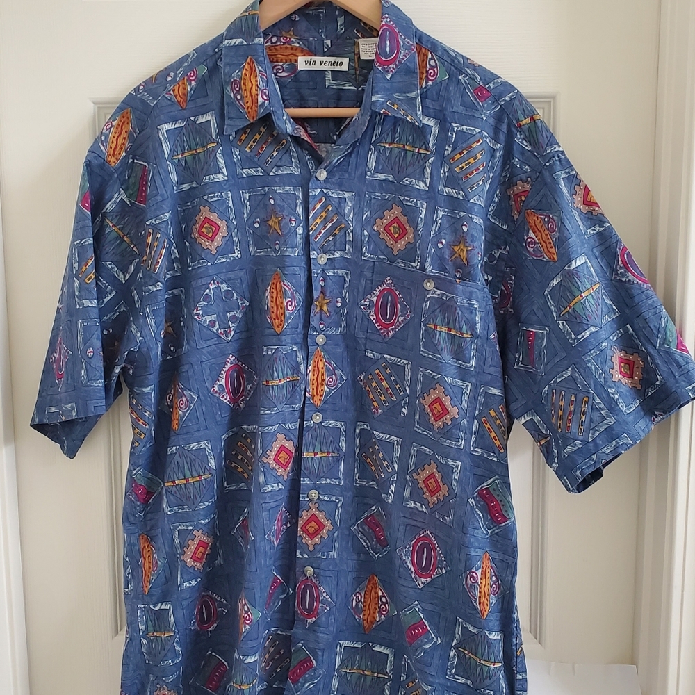 Vintage Via Veneto Mens Blue Hawaiian Surf Board Print Button Down Shirt Sz L